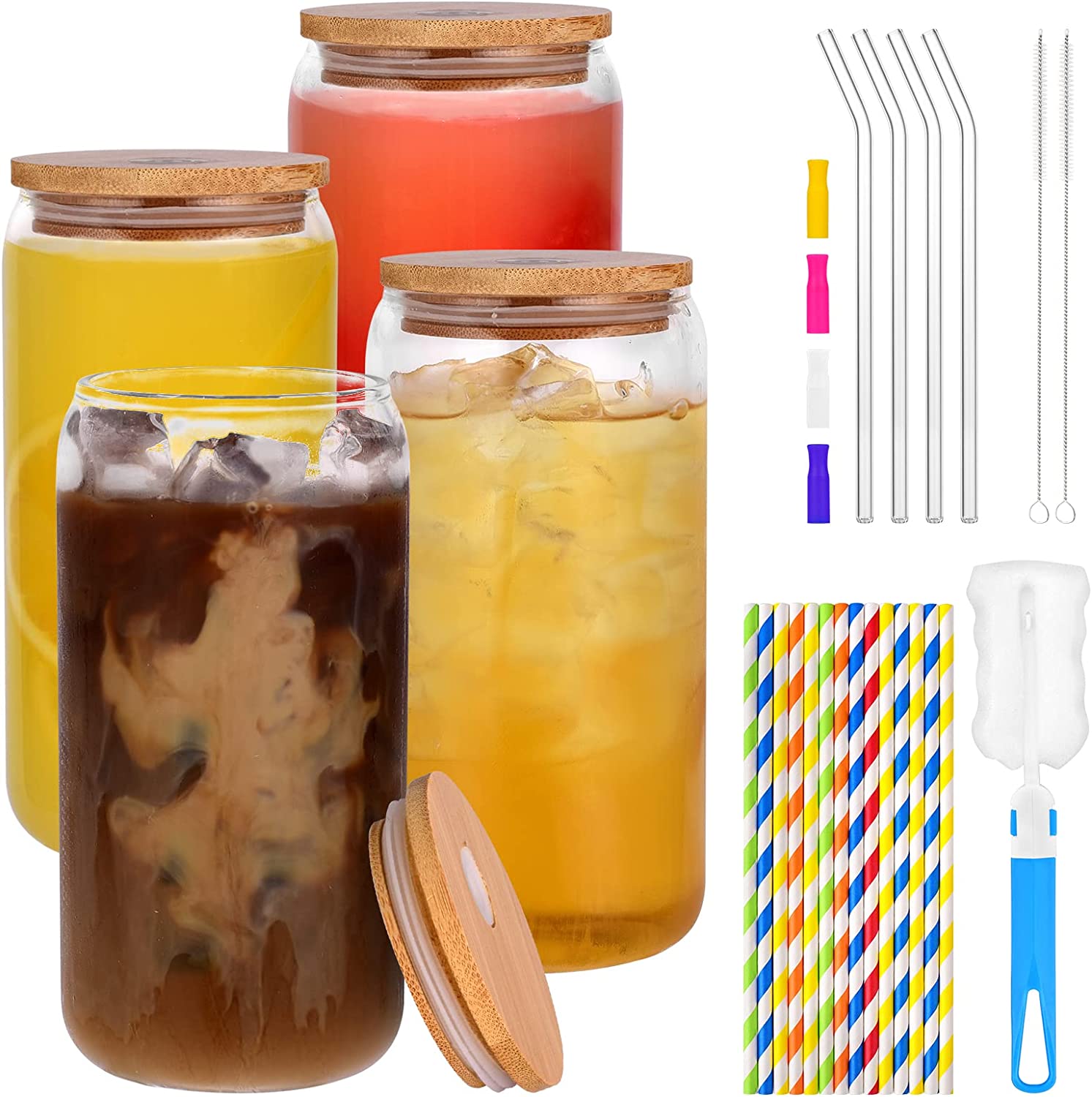 230527220245652_1 Naeety Glass Cups with Bamboo Lids and Glass Straw, Drinking Glasses Set of 4-16 Oz Beer Can Shaped Glass Cups, Iced Coffee Glasses, Tumbler Cup for Smoothie, Cocktail, Whiskey - 3 Cleaning Brushes - Image 1